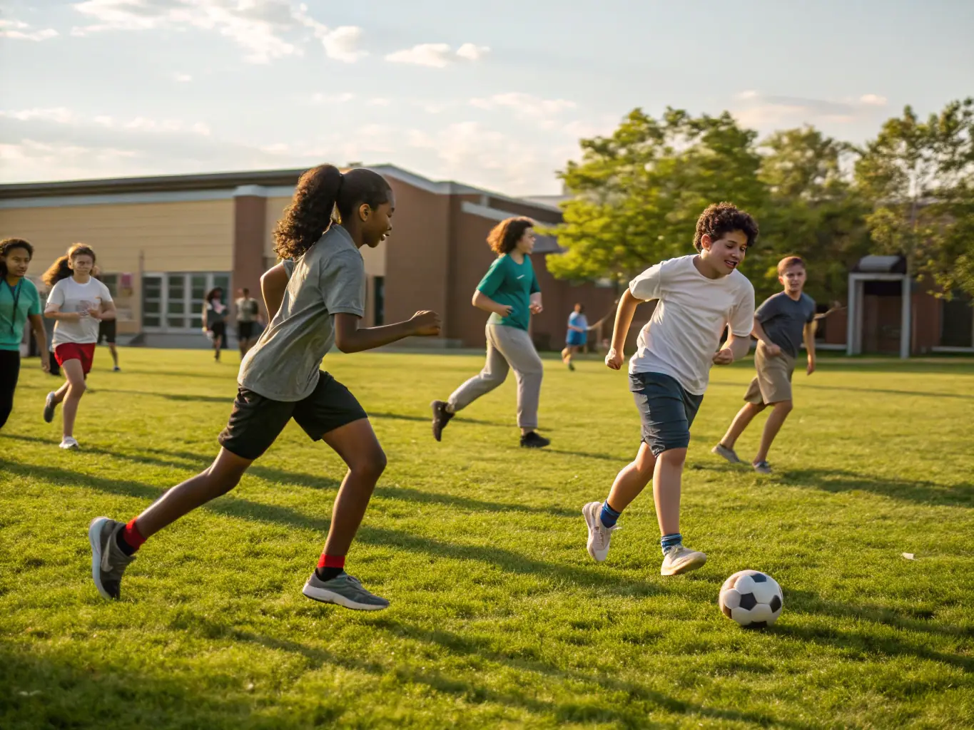 A group of Glenview 2 Primary School students enthusiastically participating in a soccer match on the school's sports field, showcasing teamwork and physical activity.
