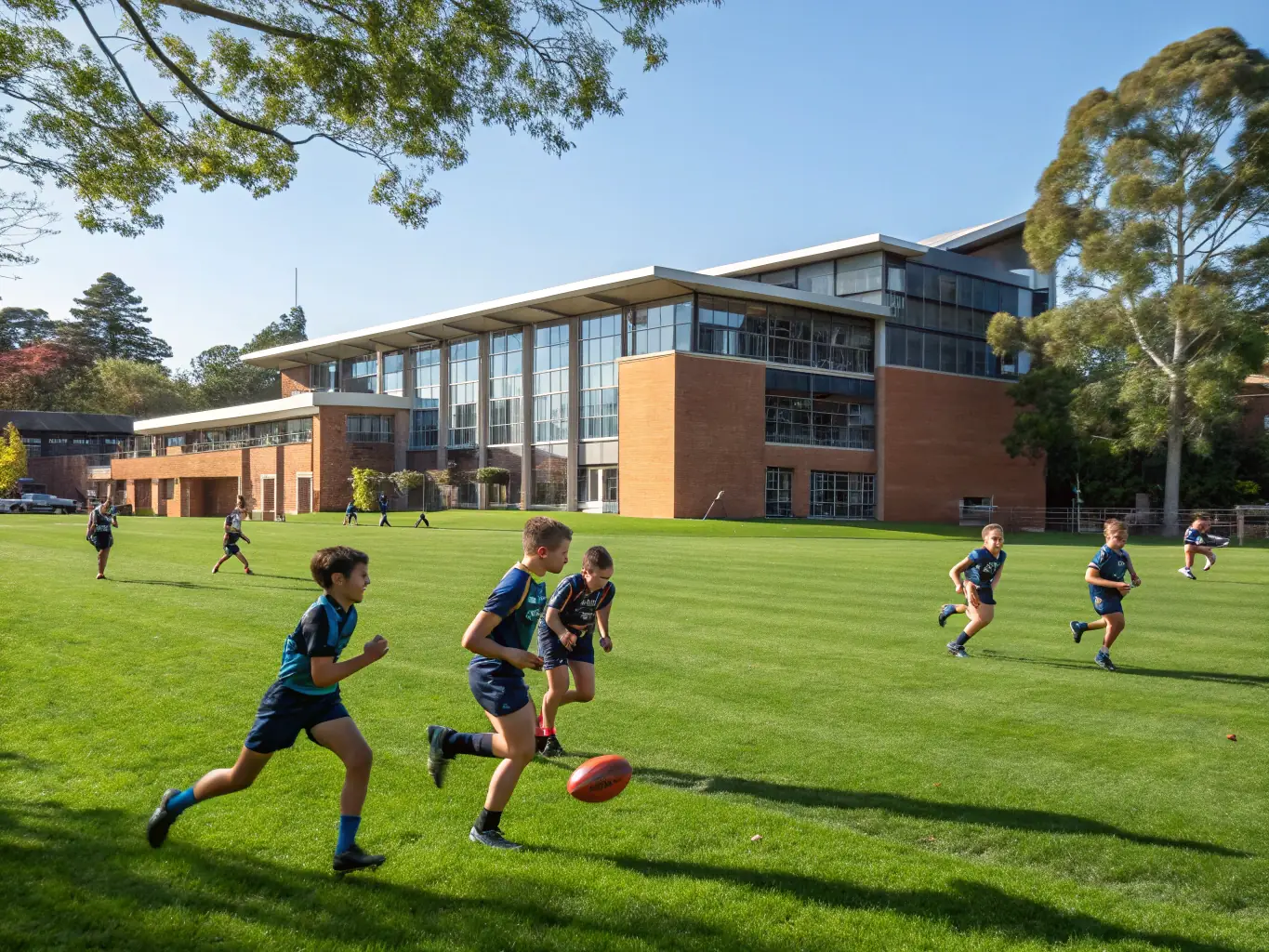 A vibrant image of Glenview 2 Primary School students participating in a soccer match on the school's sports field, showcasing teamwork and sportsmanship.
